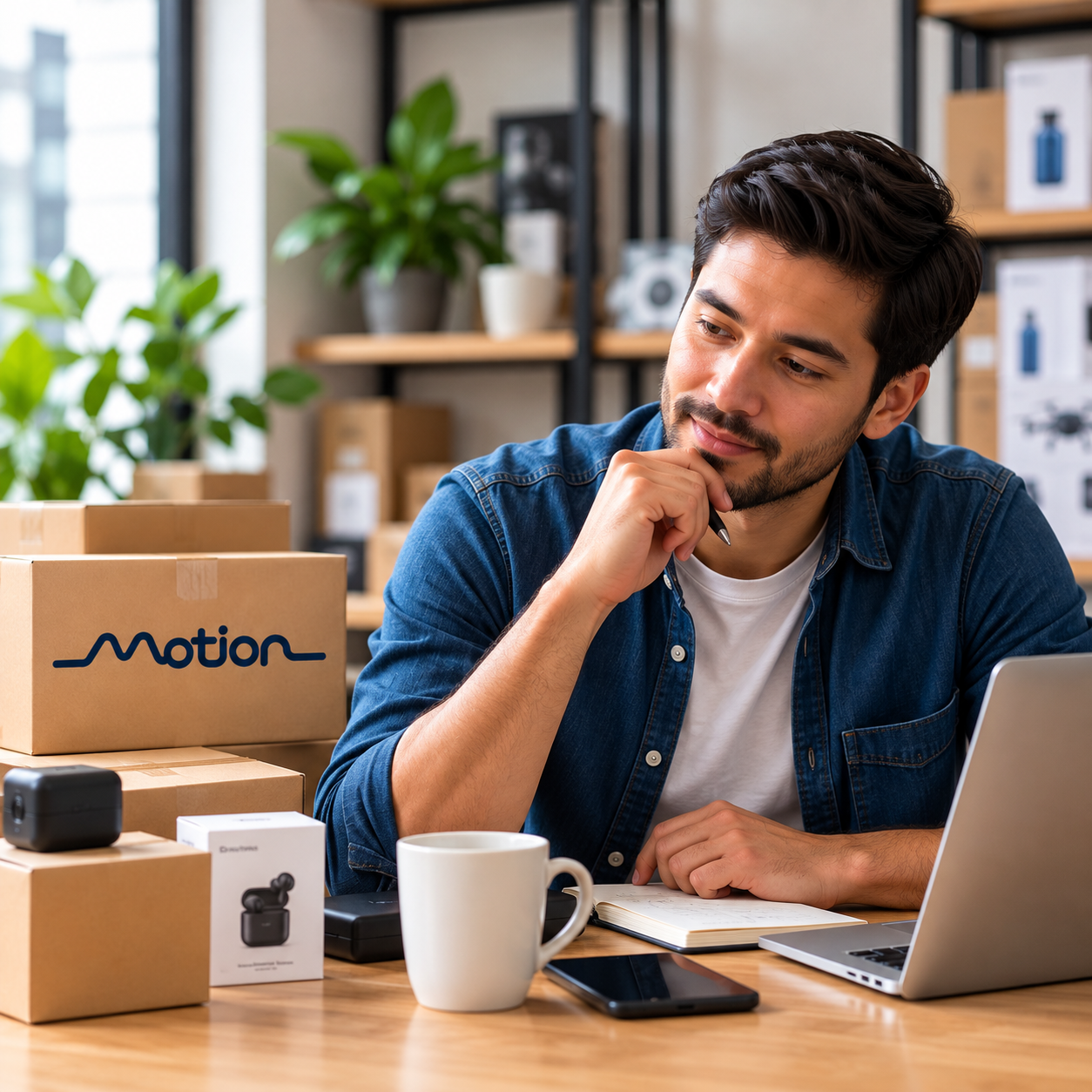 Emprendedor revisando información de su negocio junto a productos y una computadora